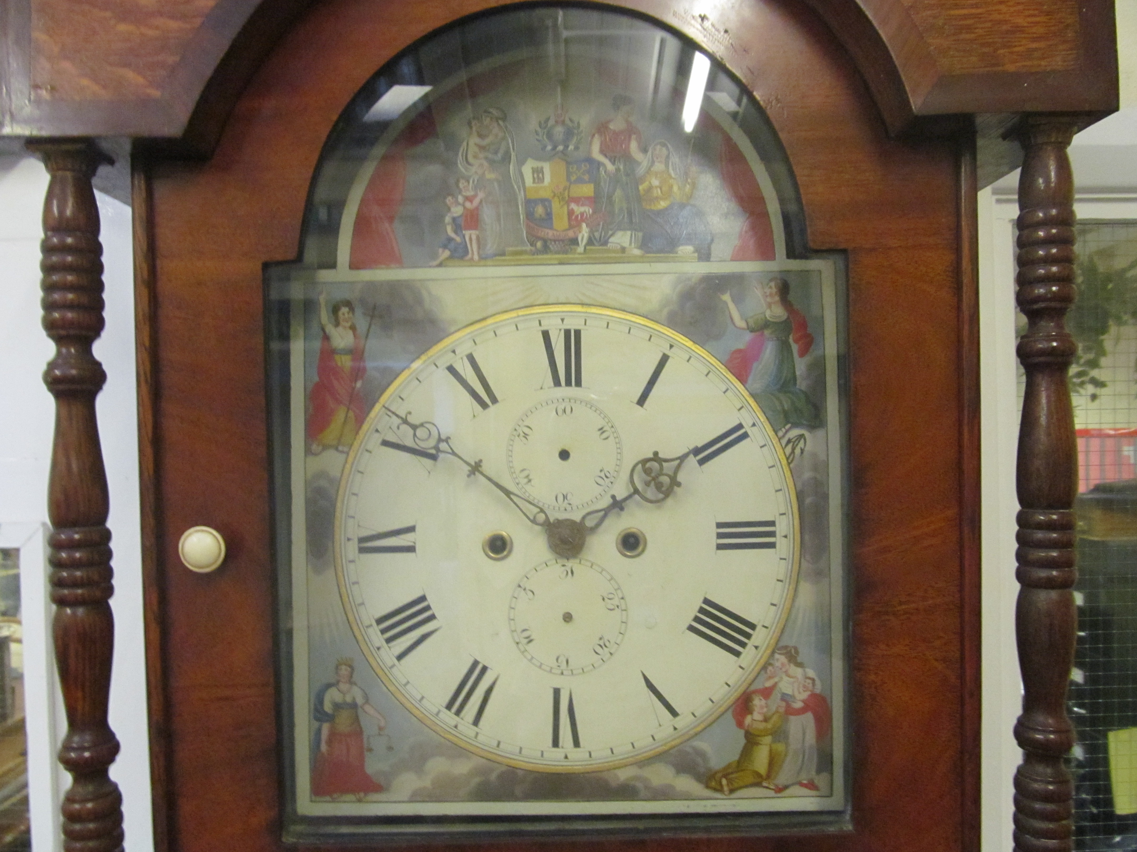 A 19th Century oak cased Longcase clock with arched painted dial, decorated figures and eight day - Image 2 of 4