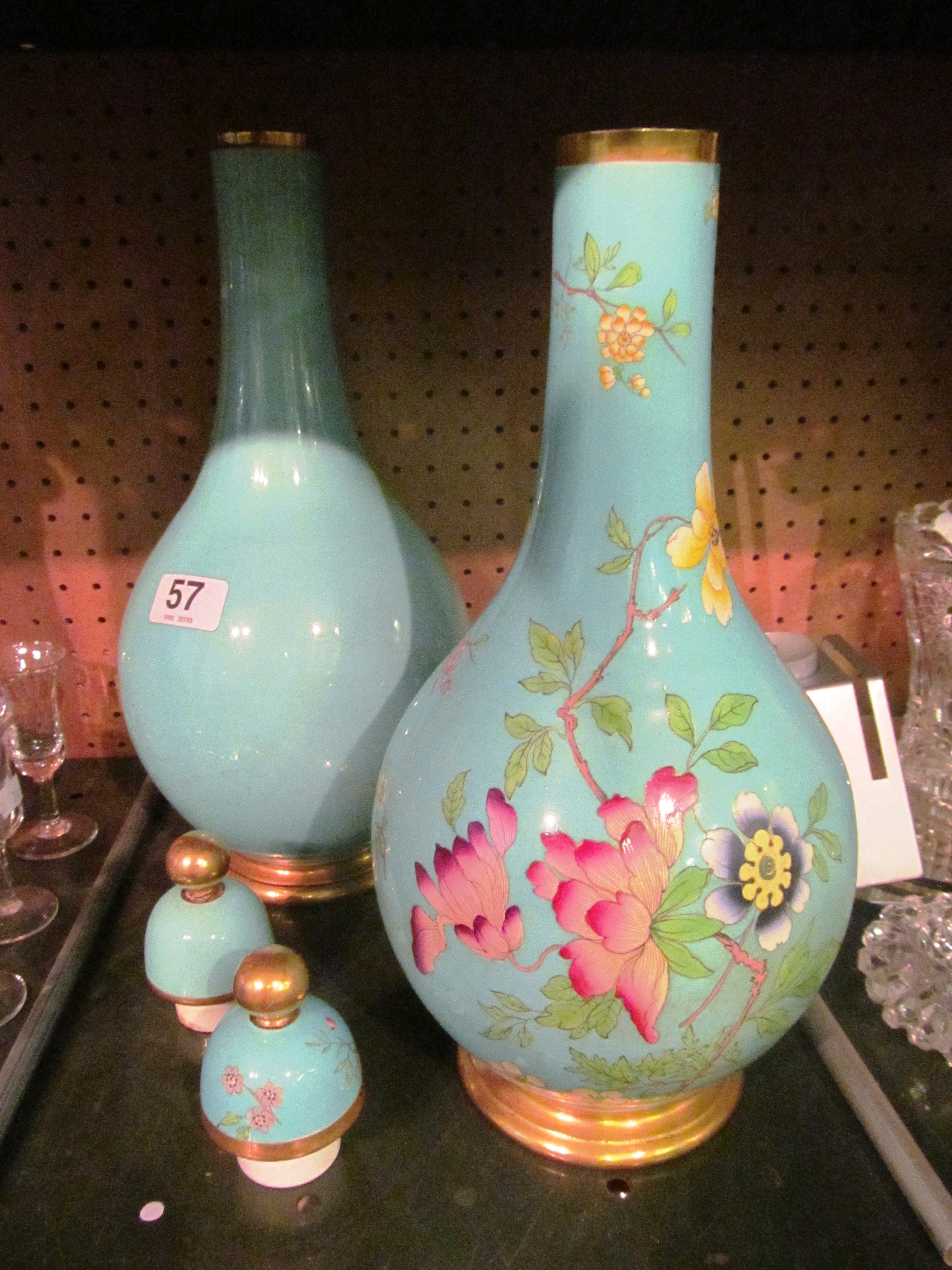 Two 19th Century continental porcelain lidded bottle vases turquoise ground one plain the other