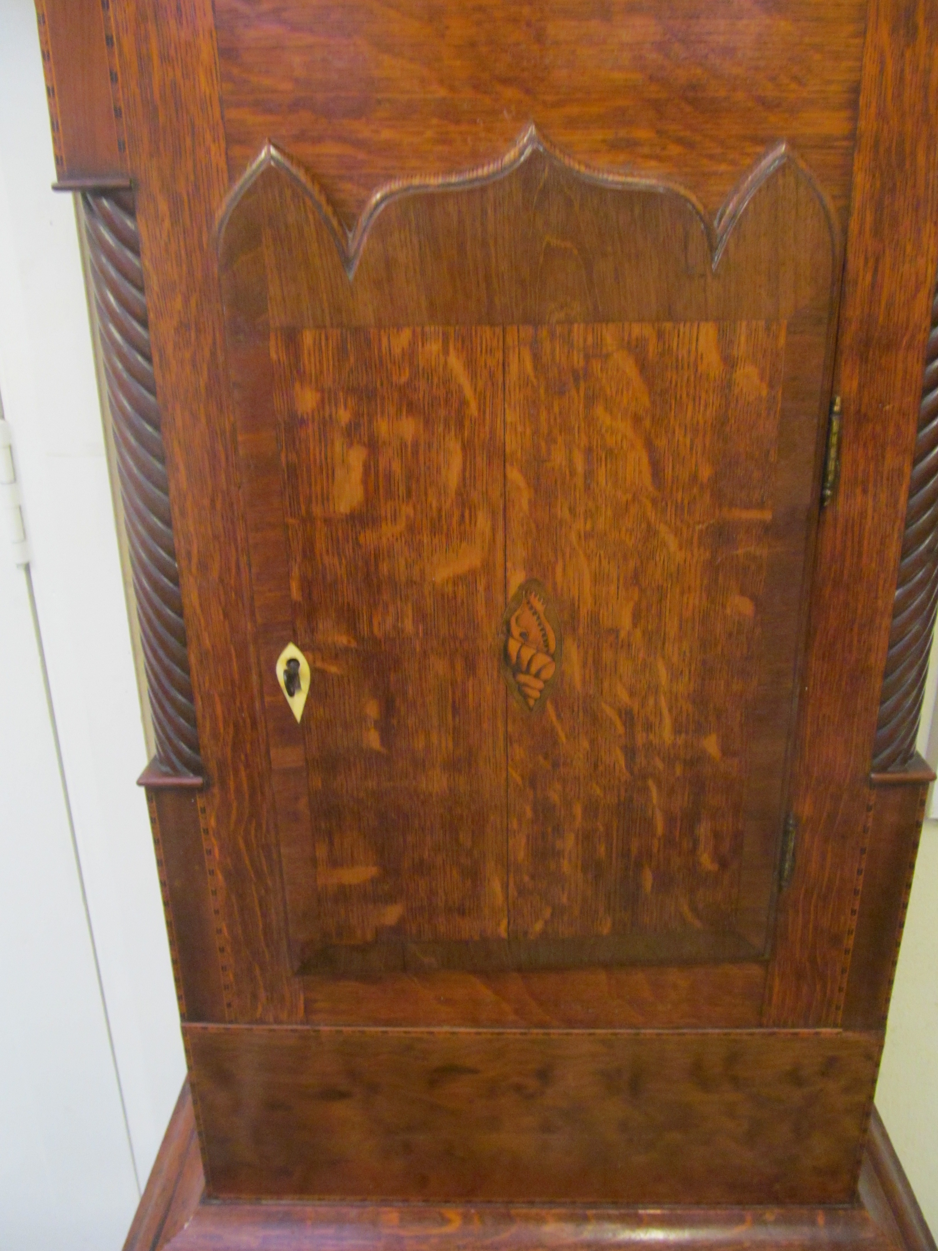 A 19th Century oak cased Longcase clock with arched painted dial, decorated figures and eight day - Image 3 of 4