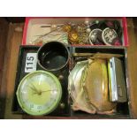 Two compacts, lighter, clock, hat pins, buttons et cetera