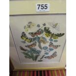 MERION -two hand coloured prints wildlife on floral stems, and print Butterfly.