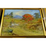 A H Muller - oil on canvas two cattle pulling cart with vibrant tree