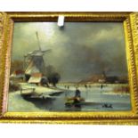 A Dutch winter landscape with frozen lake and windmill and a nude on the beach