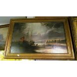 Victorian school oil - fishing vessel on the beach 17" x 29"