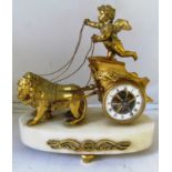 A 19th Century marble and ormolu clock with chariot driven by putti, pulled by two lions (loose foot