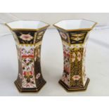 A pair of Crown Derby Japan pattern hexagonal vases