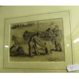 Two pencil drawings fishermen and horse and cart