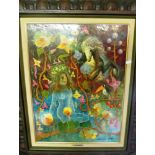 Tibor David - oil nude girl with horse in fairyland setting in carved oak frame