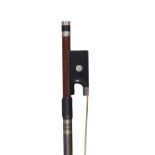 A SILVER-MOUNTED VIOLIN BOW FRANCE EARLY 20TH CENTURY round stick, the ebony frog with pearl eyes,