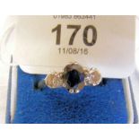 18ct yellow gold diamond and sapphire three stone ring