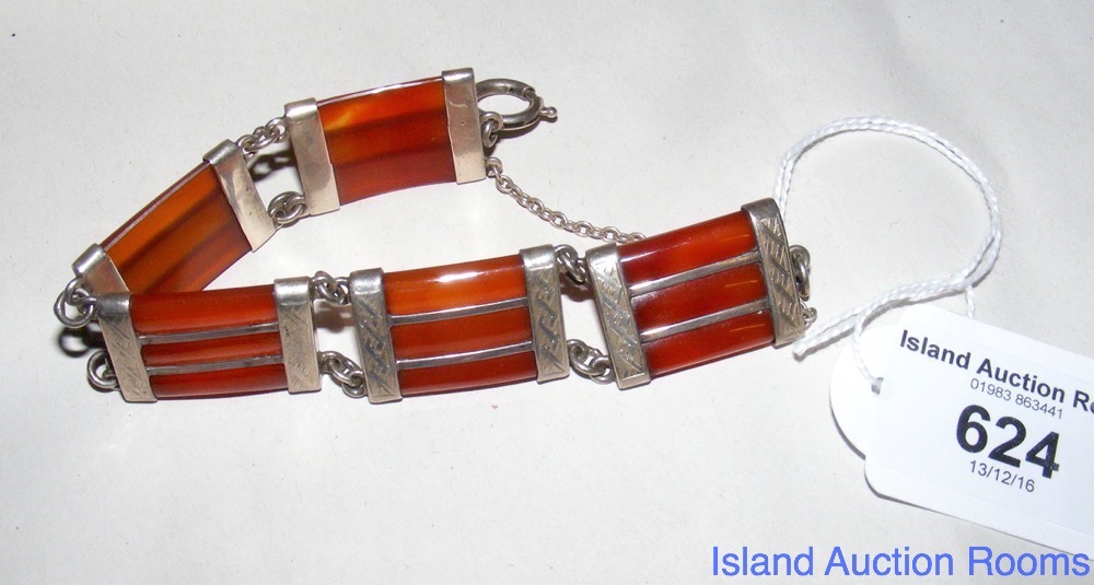 A five panel Scottish silver and agate bracelet