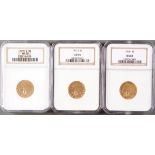 THREE U.S. $5 INDIAN GOLD PIECES. Each NGC certified, comprising a 1910 MS61, 1910-S AU58 and 1911