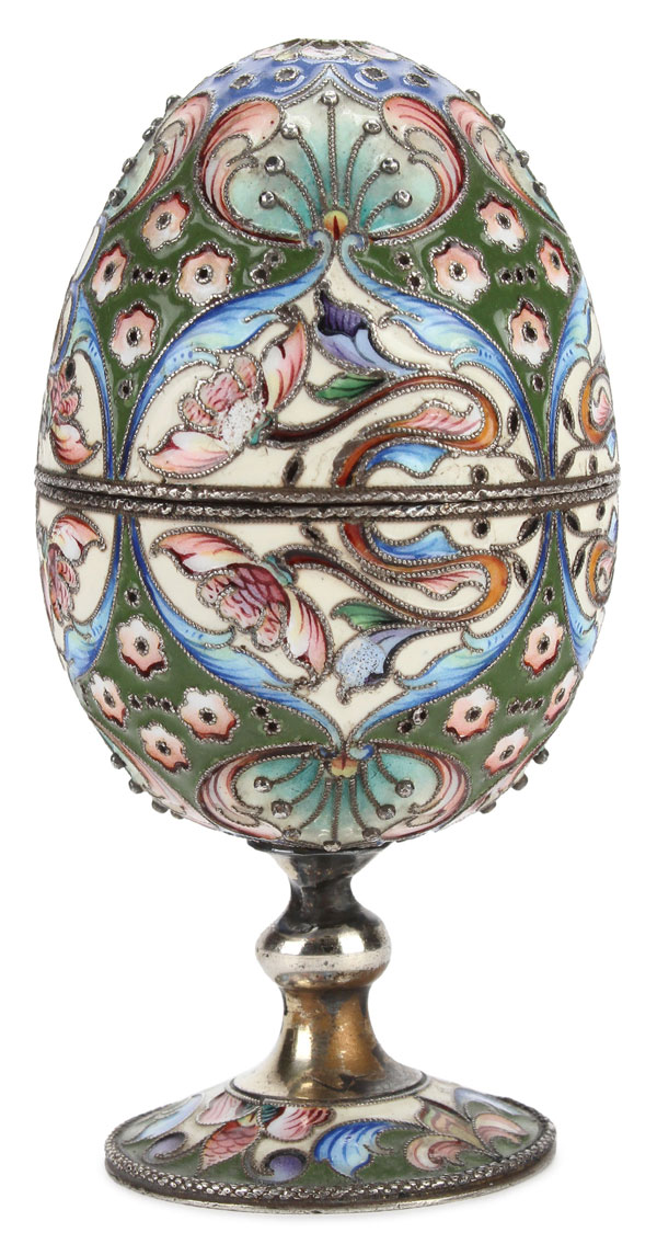 A FINE RUSSIAN SILVER GILT AND SHADED ENAMEL EASTER EGG, DIMITRIY EGOROV, MOSCOW, 1908-1917.