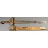 A VICTORIAN DECORATIVE OR THEATRICAL SWORD. The large hilt with figural lions head pommel, jeweled