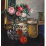 HILDEGARD GLADE (German 1885-1947) Still Life with Roses and Fruit - circa 1920 Oil on canvas