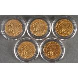 FIVE U.S. $5 INDIAN GOLD PIECES. Comprising a 1909-S, a 1913, a 1914-S, a 1915-S and a 1916-S.