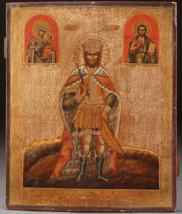 A LARGE AND IMPRESSIVE PRESENTATION ICON OF SAINT ALEXANDER NEVSKY, DATED 1880. At center a large