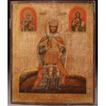 A LARGE AND IMPRESSIVE PRESENTATION ICON OF SAINT ALEXANDER NEVSKY, DATED 1880. At center a large