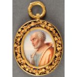 A RARE POPE PIUS IX PRESENTATION GILDED SILVER, ENAMEL AND HAND PAINTED CASED PENDANT, 1862. The