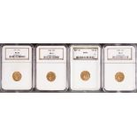 FOUR U.S. $2.50 INDIAN GOLD PIECES. Each NGC certified, comprising a 1913 MS61, 1914 MS61, 1914-D