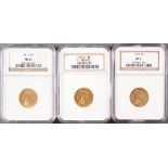 THREE U.S. $5 INDIAN GOLD PIECES. Each NGC certified, comprising a 1911 MS61, 1913 MS61 and 1915