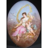 A LARGE SEVRES STYLE FRENCH HAND PAINTED PORCELAIN PLAQUE, LATE 19TH CENTURY. Of oval form