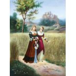 A GOOD KPM HAND PAINTED PORCELAIN PLAQUE, LATE 19TH CENTURY. Depicting a young princess strolling