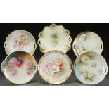 SIX R.S. GERMANY CAKE PLATES, CIRCA 1900. With a variety of floral decoration and shapes, marks