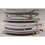 A GROUP OF FOUR RUSSIAN STYLE REPRODUCTION EDGED WEAPONS. Each with scabbard. Longest blade length