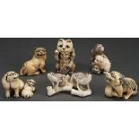 A GROUP OF FIVE JAPANESE CARVED IVORY NETSUKES, PROBABLY MEIJI PERIOD. Comprising a sitting dog