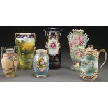 A SIX PIECE GROUP OF HAND PAINTED NIPPON PORCELAIN, EARLY 20TH CENTURY. Comprising a cottage scene