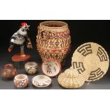 A NATIVE AMERICAN POTTERY, BASKETRY AND KACHINA GROUP, 20TH CENTURY. Comprising five pieces of