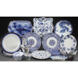 A GROUP OF 38 BLUE AND WHITE DECORATED PORCELAIN, 19TH AND 20TH CENTURY. Including a Limoges flow