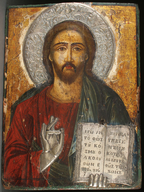 A LARGE GREEK ICON OF CHRIST PANTOCRATOR, 18TH CENTURY. Here Christ delivers a blessing and holds