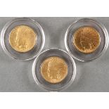 THREE U.S. $10 INDIAN GOLD PIECES. Comprising a 1907, 1916-S and 1932 in various condition.