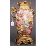 A ROYAL BONN HAND PAINTED SCENIC TAPESTRY MANTLE VASE, CIRCA 1880. Decorated with a garden setting