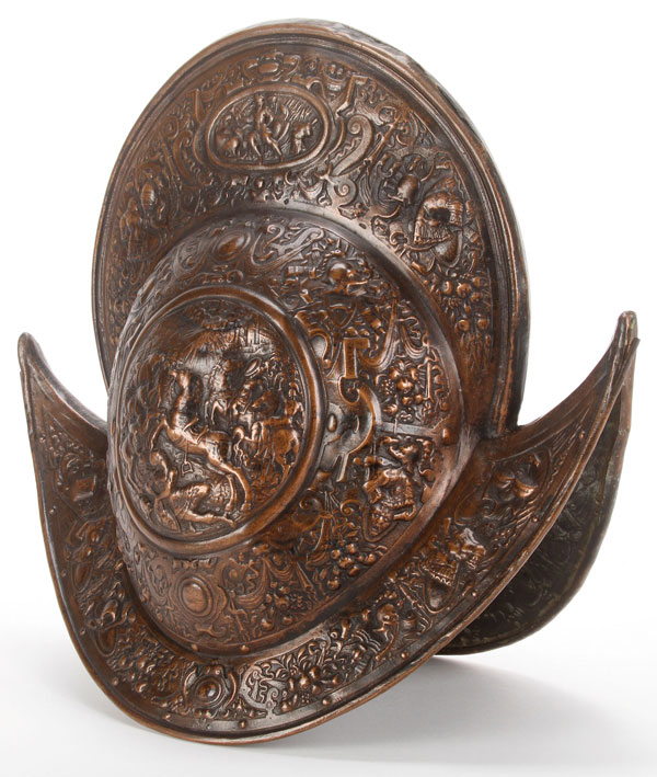 AN ELABORATE 16TH CENTURY STYLE REPOUSSÉ MORION HELMET. The central seam with very high comb and - Image 2 of 7