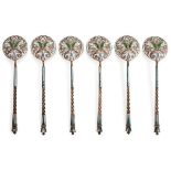 A CASED SET OF SIX RUSSIAN SILVER GILT AND SHADED ENAMEL TEA SPOONS, CIRCA 1900. The bowl overall