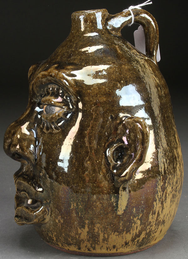 A LANIER MEADERS GLAZED POTTERY FACE JUG, THIRD QUARTER 2OTH CENTURY. Hand sculpted in the form of - Image 3 of 4