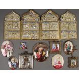 AN INTERESTING GROUP OF RUSSIAN ENAMELED ICONS, CIRCA 1780-1880. Comprising a folding quadriptych