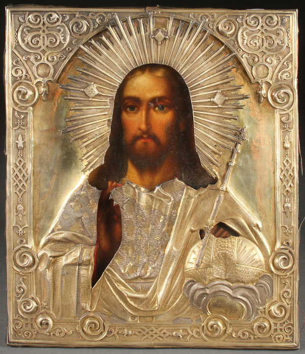 A RUSSIAN ICON OF CHRIST, MOSCOW, DATED 1862. Painted in the Italianate style and overlaid with an