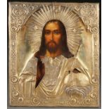 A RUSSIAN ICON OF CHRIST, MOSCOW, DATED 1862. Painted in the Italianate style and overlaid with an