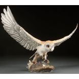 A LARGE ENGLISH BOEHM PORCELAIN “BARN OWL” FIGURE, LAST HALF 20TH CENTURY. Depicting the full wing