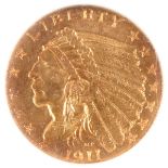 A 1911-D $2.5 INDIAN GOLD QUARTER EAGLE. NGC MS61, “Strong D”. IMPORTANT NOTICE: Sadly, due to the