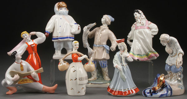 A GROUP OF SEVEN RUSSIAN SOVIET PORCELAIN FIGURES, SECOND HALF OF THE 20TH CENTURY. Comprising a