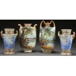 A FOUR PIECE GROUP OF HAND PAINTED NIPPON SCENIC PORCELAIN, EARLY 20TH CENTURY. Comprising two