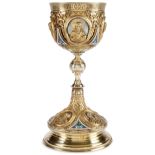 A LARGE AND IMPRESSIVE RUSSIAN SILVER GILT, REPOUSSÉ, CHASED AND ENAMELED CHALICE, SERGEI AKHMAKOV,