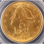 A 1904 $20 LIBERTY HEAD GOLD DOUBLE EAGLE. PCGS MS63