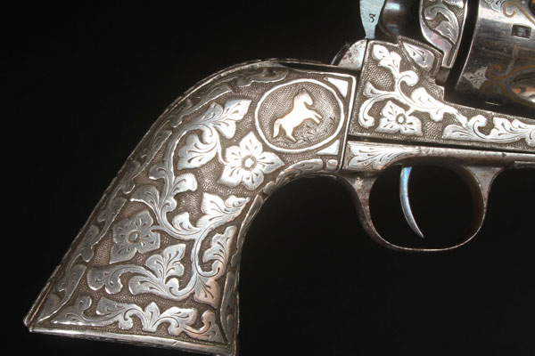 A SILVER OVERLAY AND ENGRAVED COLT SINGLE ACTION ARMY REVOLVER. The barrel, frame and grips - Image 3 of 7