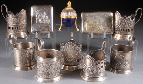 A GROUP OF TEN RUSSIAN SOVIET PERIOD DECORATIVE ARTS, CIRCA 1975-2000. Comprising seven silver